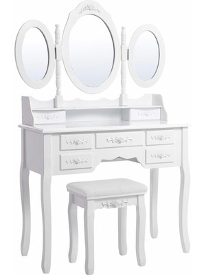 Hype Store 3 Aynalı ve Tabureli Tuvalet Masası, 7 Çekmece, Eğim Koruması, Lüks, 145 x 90 x 40 Cm, Beyaz RDT91W