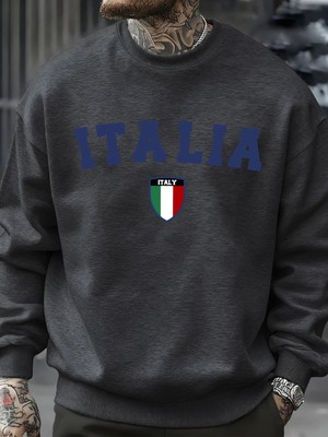 Italya Mektup Ulusal Bayrak Rozeti Baskılı Erkek Kazaklar Polar Kazak Sokak Rahat Spor Giyim