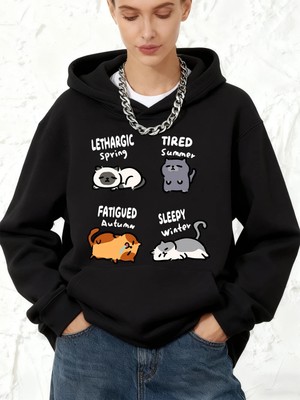 Lethargic Yorgun Uykulu Kedi Baskılı Kapüşonlu Üstler Pamuklu Kadın Sportif Bol Üstler Kışlık