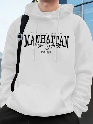 Manhattan New York Kelimeler Baskılı Erkek Kapüşonlu Üstleri Sonbahar Bol Sweatshirt Hip Hop