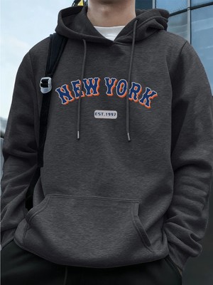 New York Letter Creative Printing Erkek Kapüşonlu Üst Sonbahar Cepli Sweatshirt Temel Polar S