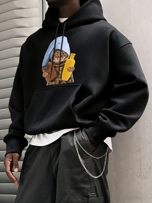 Sevimli Duş Başlığı Kedi Baskılı Erkekler Kapüşonlular Tüm Maç Gevşek Kazak Polar Günlük Spor