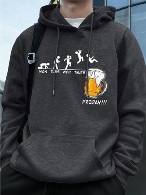 Cuma Bira Sevgilisi Komik Baskılı Erkek Kazak Kış Polar Sıcak Hoodies Kore Gevşek Cep Kazakla