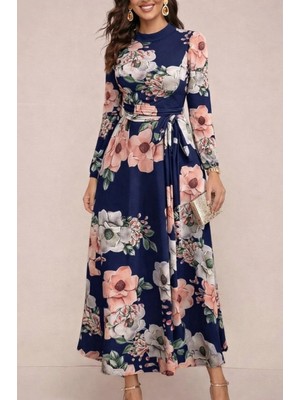 Kadın Uzun Kollu Yuvarlak Yakalı Beli Kuşaklı Desenli Süprem Uzun Elbise