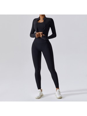 Yuna Sport Kadın 3’lü Parmak Geçmeli Spor Ceket, Spor Bra ve Arkası Büzgülü Spor Tayt Spor Takımı