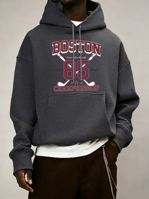 Boston 85 Oyuncular Şampiyonası Desen Erkekler Kapüşonlular Polar Gevşek Kazak Tüm Maç Trendy