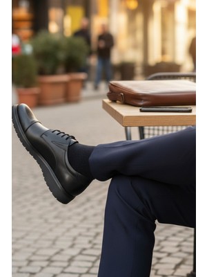 Enoch Hakiki Deri Siyah Klasik Erkek Ayakkabı (Kalın Dişli Taban)