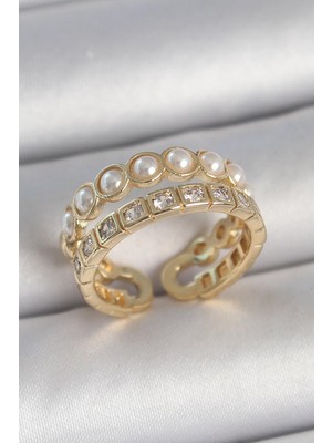 Inure Jewelry Pirinç Gold Renk 2'li Zirkon Taşlı ve Incili Ayarlanabilir Kadın Yüzük