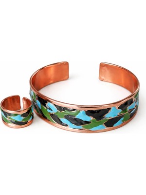 Bazarhane Bakır Desenli Ayarlanabilir Bileklik ve Yüzük Seti 1025
