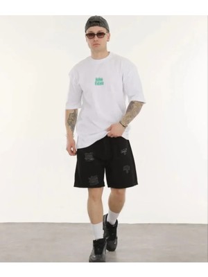 ModaSize Unisex Bisiklet Yaka Baskılı Oversize T-Shirt - Beyaz