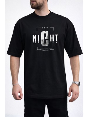 Caddekombin Erkek Night Center Yazı Baskılı Bisiklet Yaka Siyah T-Shirt