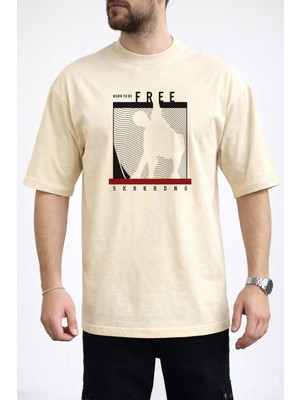 Caddekombin Erkek Born To Be Free Yazı Baskılı Bisiklet Yaka Bej T-Shirt