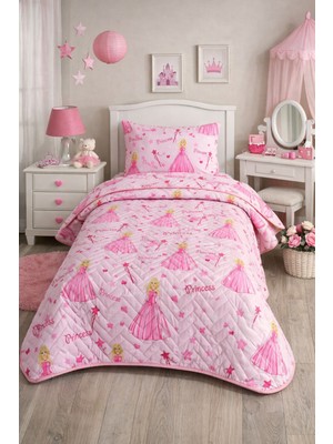 Lila Moon Prenses Desenli Tek Kişilik Kapitone Pike Yatak Örtüsü Takımı (Pike+Yastık Kılıfı)