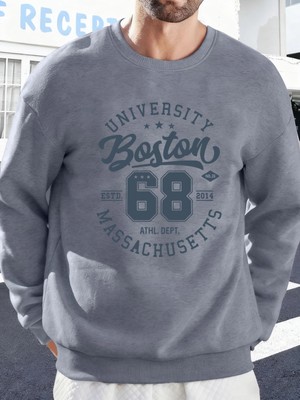 Üniversite Boston Massachusetts Baskılı Erkek Tişörtü Spor Bol Giysiler Yumuşak Rahat Kazakla
