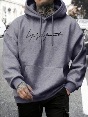 Sanatsal Yazı Desenli Kapüşonlu Üstler Erkekler Sonbahar Polar Yumuşak Uzun Kollu Yuvarlak Ya