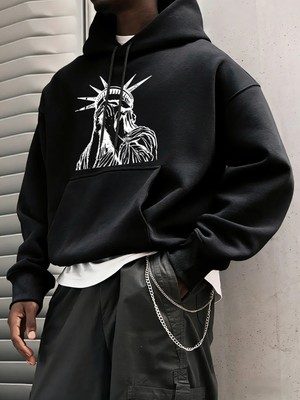 Özgürlük Heykeli Desenli S-2xl Erkekler Için Hip Hop Sonbahar Sweatshirtleri Cepli Polar Üstl