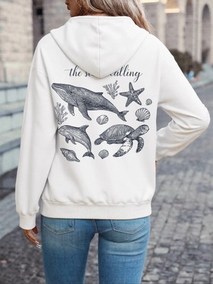 Deniz Çağırıyor Balina Baskılı Kapüşonlu Üstler Kadın Kışlık Polar Sıcak Tişörtü Günlük Cepli