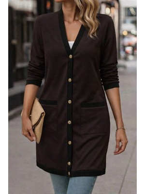 Kadın Uzun Kollu Cepli Önden Düğmeli Uzun Modal Ceket Hırka