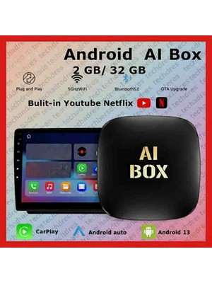 Techadres Akıllı Multimedya Kutusu Android 32GB Kablosuz Carplay Ai Box Youtube Netflix Google Playstore Wi-Fi