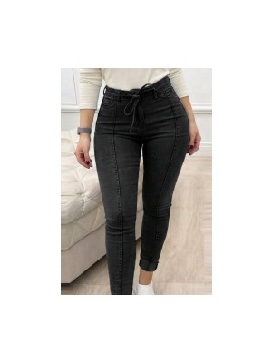 Kadın Yüksek Bel Belden Kuşaklı Yırtık Detaylı Kot Pantolon