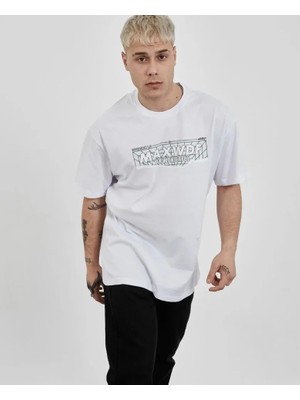 ModaSize Unisex Bisiklet Yaka Baskılı Oversize T-Shirt - Beyaz