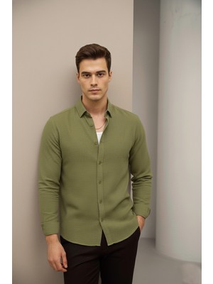 Bürke Keten Dokulu Yeşil Yarım Oversize Yazlık Erkek Gömlek