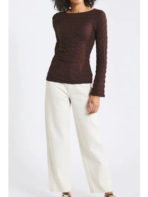 Lupinn Kadın Kahverengi Bisiklet Yaka Slim Fit Dokulu Drapeli Basic Uzun Kollu Bluz - Kadın Bluz