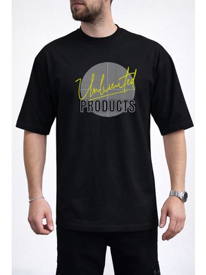 Caddekombin Erkek Lineer Çizgi Unlimited Yazı Baskılı Bisiklet Yaka Siyah T-Shirt