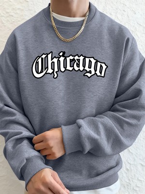 Chicago Letter Baskılı Erkek Sweatshirtleri Kışlık Bisiklet Yaka Kapüşonlu Sokak Stili Polar