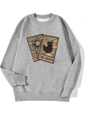 Rahat Vintage Kadın Tişörtü Tarot Ayı ve Ay Baskılı Kapüşonlular Polar Sıcak Kazak Sokak Crew