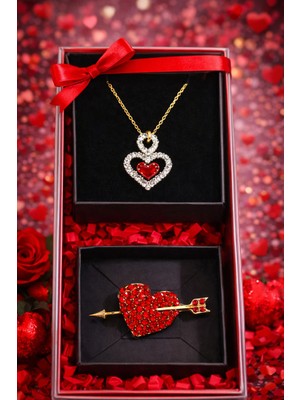 Pulinin Dükkanı Sevgililer Günü Özel Hediye Kutusu – Taşlı Kalp Kolye ve Taşlı Kalp Broş Takı Seti