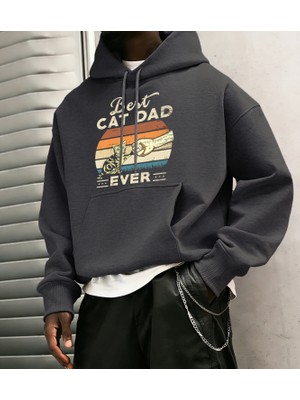 Şimdiye Kadarki En Iyi Kedi Babası Kediler Baskılı Erkek Kapüşonlu Ceket Cepli Polar Uzun Kol