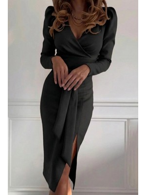 Kadın Uzun Kollu Kruvaze Yakalı Yandan Yırtmaçlı Belden Kuşaklı Midi Ithal Krep Elbise