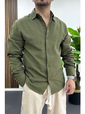 Edwox Erkek Pamuklu Keten Görünümlü Gömlek Yeşil EDW444