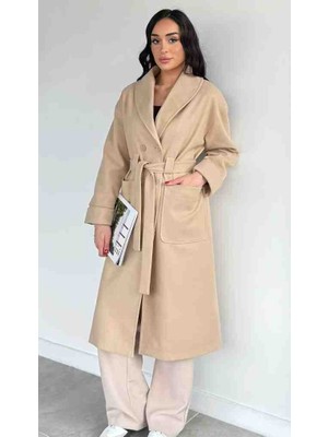 Gülseli Kadın Çift Cepli Bel Kuşaklı Astarlı Çizgi Desenli Kaşe Kaban