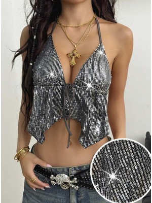 İlkyaz Fashion Ieg™ Kadın Metalik Gümüş Pul  Detaylı Crop Askılı Önden Bağlama 5093