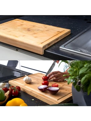 Hype Store Tezgah Üstü Bambu Kesme Tahtası, Kaymaz Ekmek Tahtası, Kenarlı Kesme Tepsisi Orta Boy (35CM*25CM) -