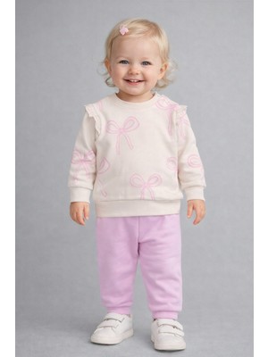 Dinamik çocuk Kız Bebek Fiyonk Desenli Kol Detaylı Sweatshirt + Eşofman Altı 2'li Takım 3-6-9-12AYLIK