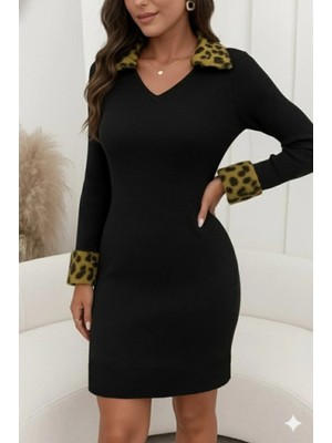 Kadın Uzun Kollu V Yakalı Kürk Detaylı Kaşkorse Elbise