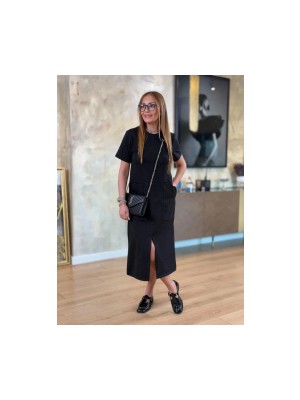 Kadın Kısa Kollu Bisiklet Yakalı Cepli Önden Yırtmaçlı Viskon Iki Iplik Midi Elbise