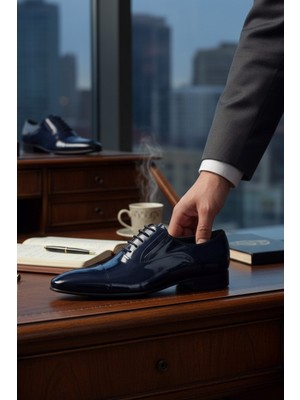 Enoch Hakiki Deri Lacivert Klasik Bağcıklı Erkek Ayakkabı (Parlak Deri)