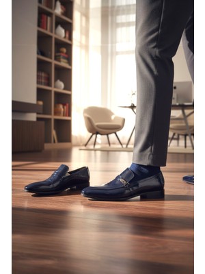 Enoch Hakiki Deri Lacivert Aynalı Rugan Bitişli Tokalı Erkek Loafer Ayakkabı