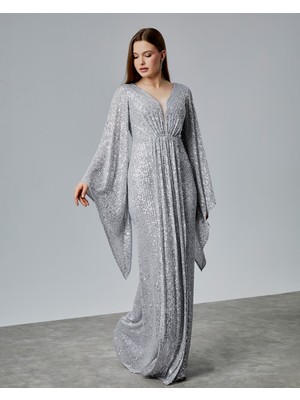 Asees Asimetrik Kollu Büzgü Detaylı Uzun Payet Abiye Elbise