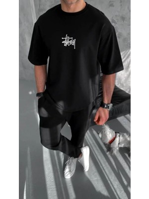 ModaSize Unisex Bisiklet Yaka Baskılı Oversize T-Shirt - Siyah