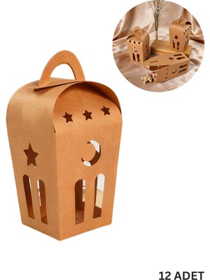 Roco Paper Co. Ramazan Temalı Dekoratif Fener Kutusu, Ay Yıldız Kesim Hediyelik Kutu Seti, 6x9 cm - 12 Adet, Kraft