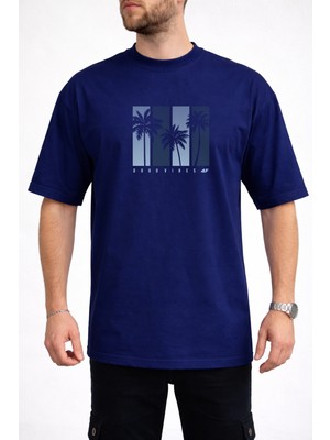 Caddekombin Erkek Good Vibes Yazılı Palmiye Ağacı Baskılı Bisiklet Yaka Lacivert T-Shirt