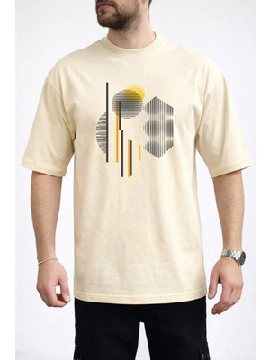 Caddekombin Erkek Geometrik Kavisli Çizgi Baskılı Bisiklet Yaka Bej T-Shirt