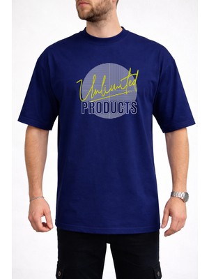 Caddekombin Erkek Lineer Çizgi Unlimited Yazı Baskılı Bisiklet Yaka Lacivert T-Shirt