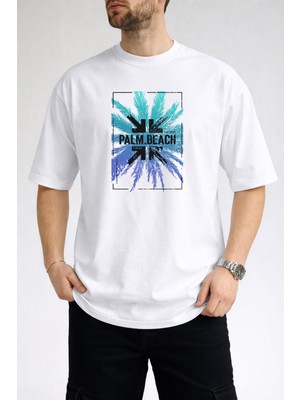 Caddekombin Erkek Turkuaz ve Mavi Palmiye Yaprağı Bisiklet Yaka Beyaz T-Shirt