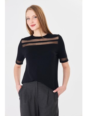 Irmak Kerekli Kadın Bisiklet Yaka Transparan Detaylı Kısa Kol Bluz 121844 Siyah